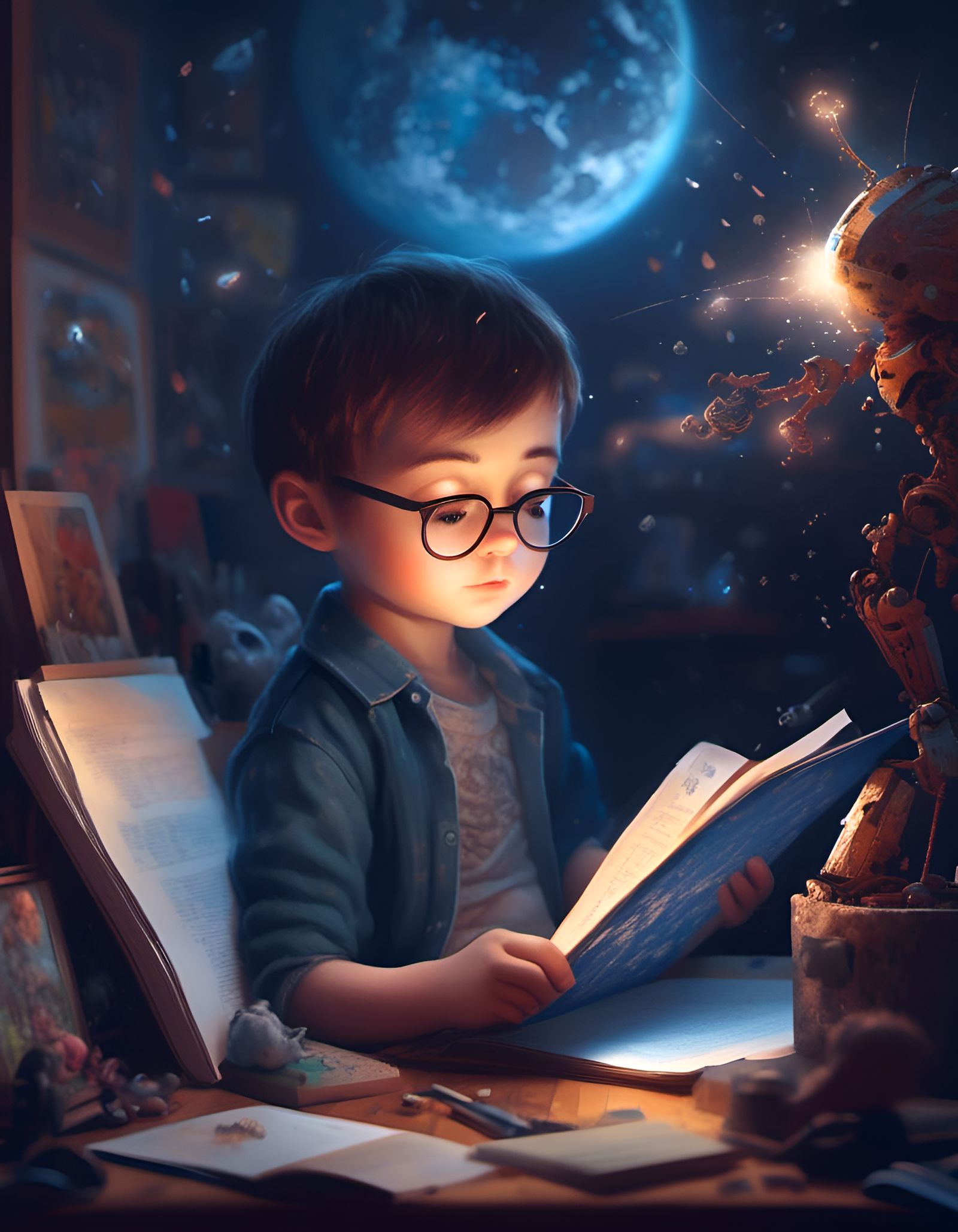 Charming Boy Reads Physics Textbook in Digital Art