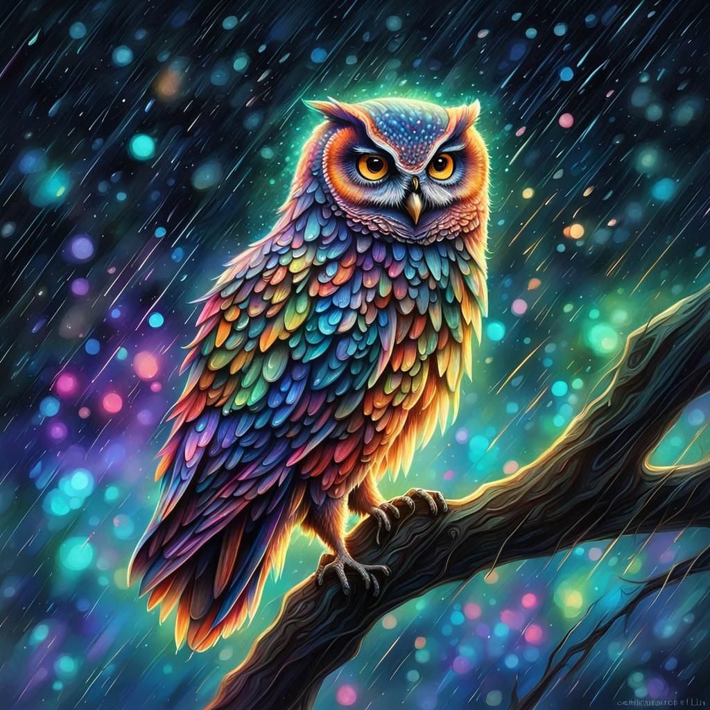Neon Owl in Rain: Hyperrealistic Fantasy Art