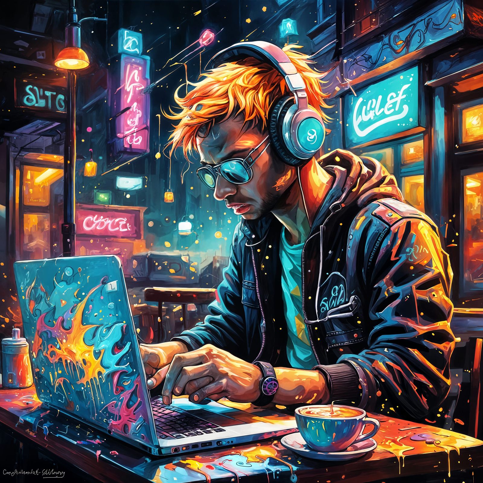Cyberpunk Cafe Dreamscape in Vibrant Graffiti Style
