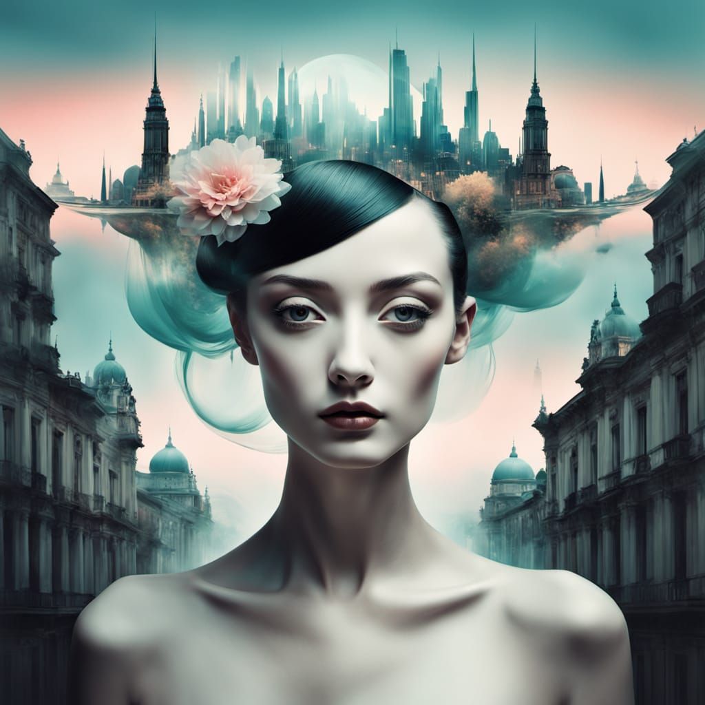Surreal Cityscape Portrait in Soft, Mystical Colors