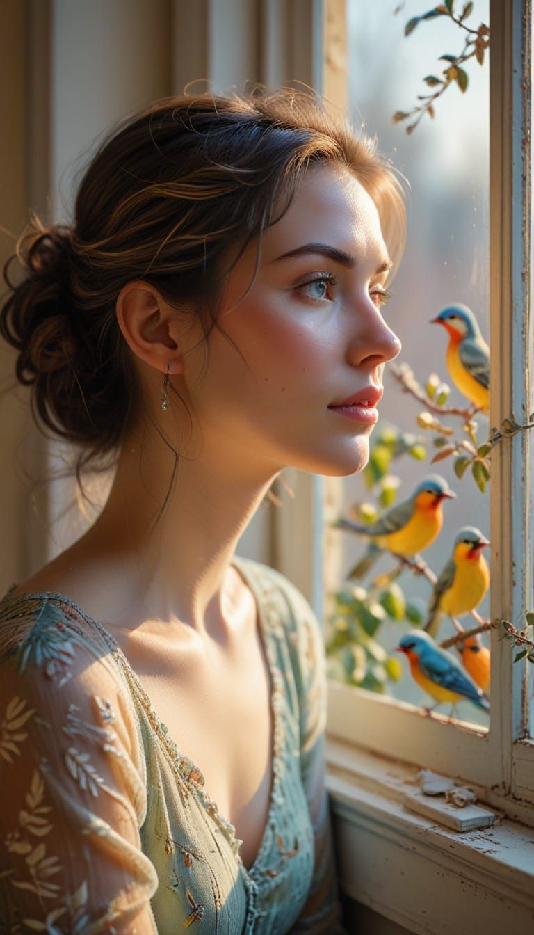 Impressionist Woman Gazing Out at Whimsical Birds