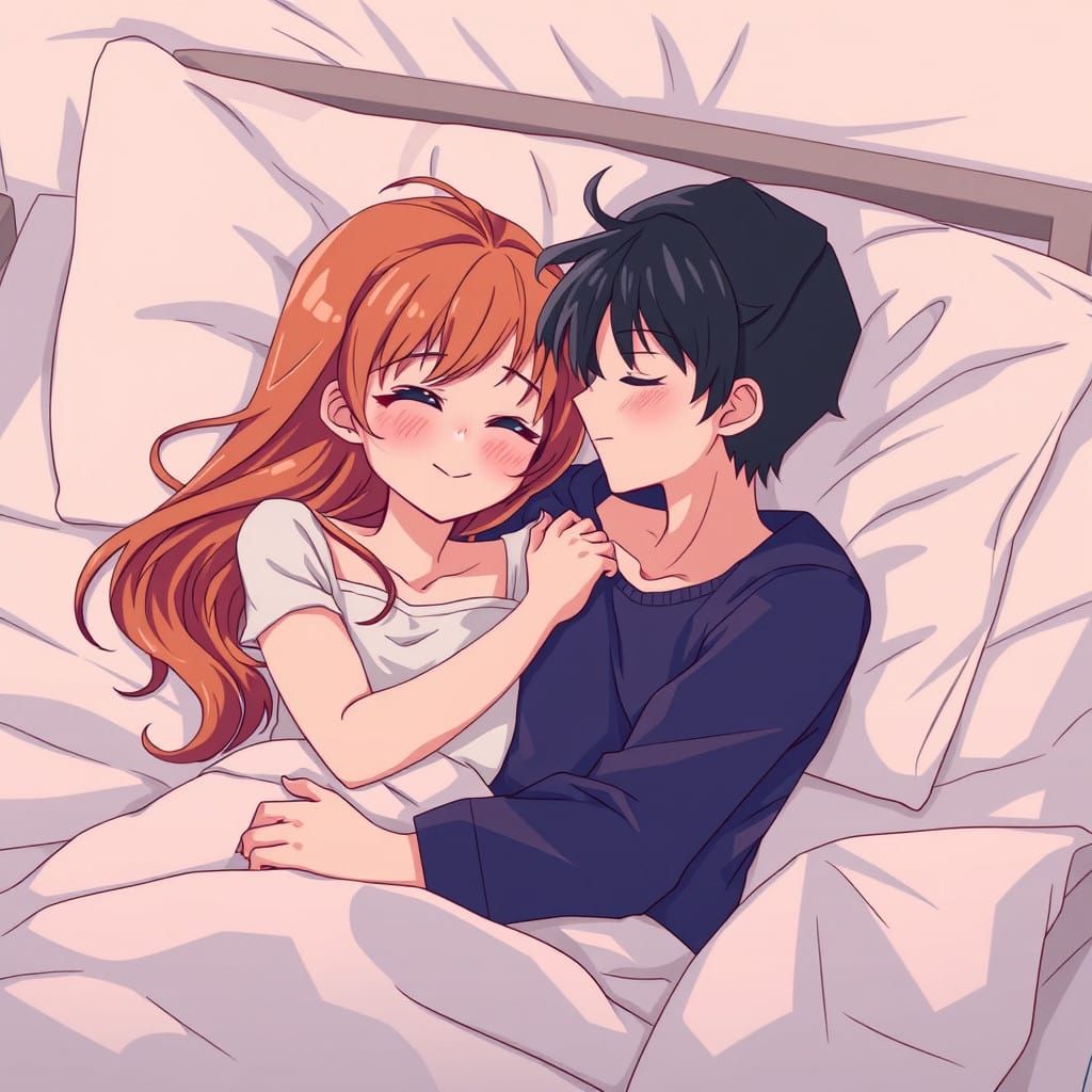 Charming Anime Couple Embracing in Cozy Intimacy