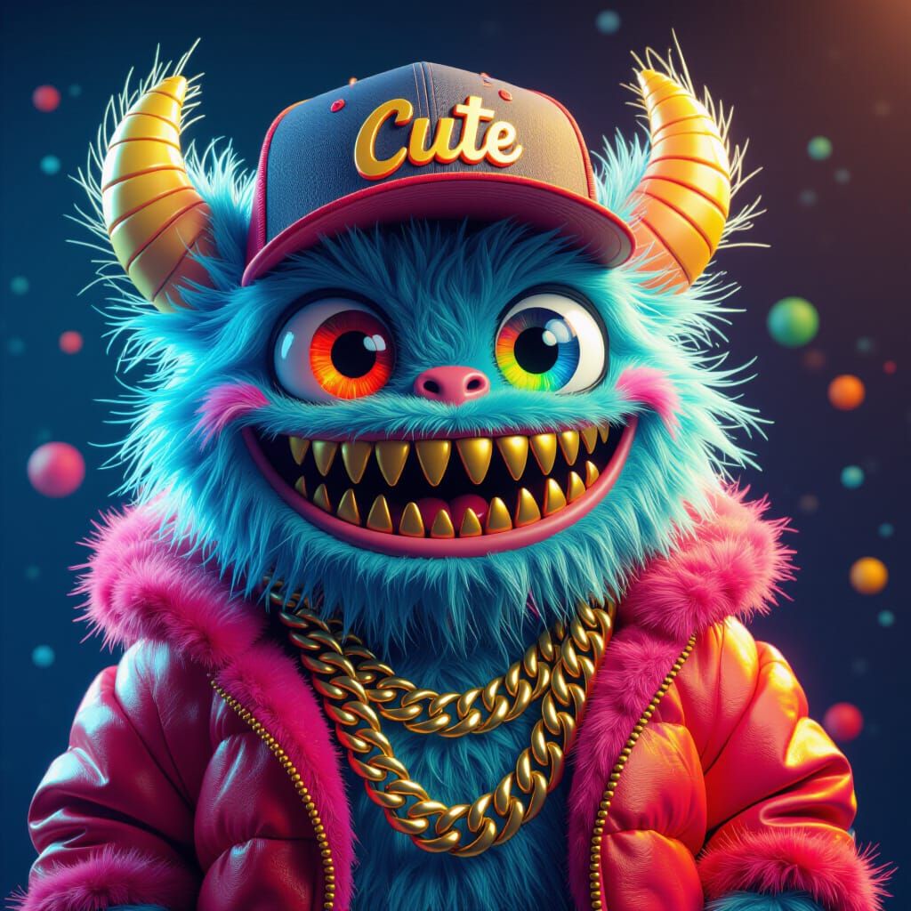 Colorful Fluffy Monster Portrait with Gold Accents