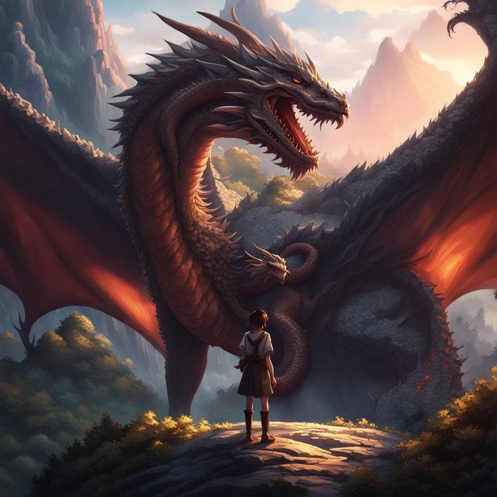 Dragon Friendship in Mountain Sanctuary: Anime Illustration
