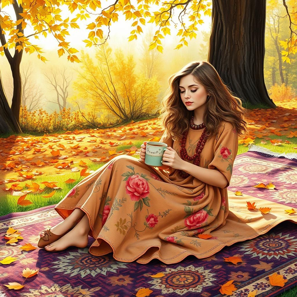 Hippie Girl Sipping Coffee on Autumn Morning Watercolour