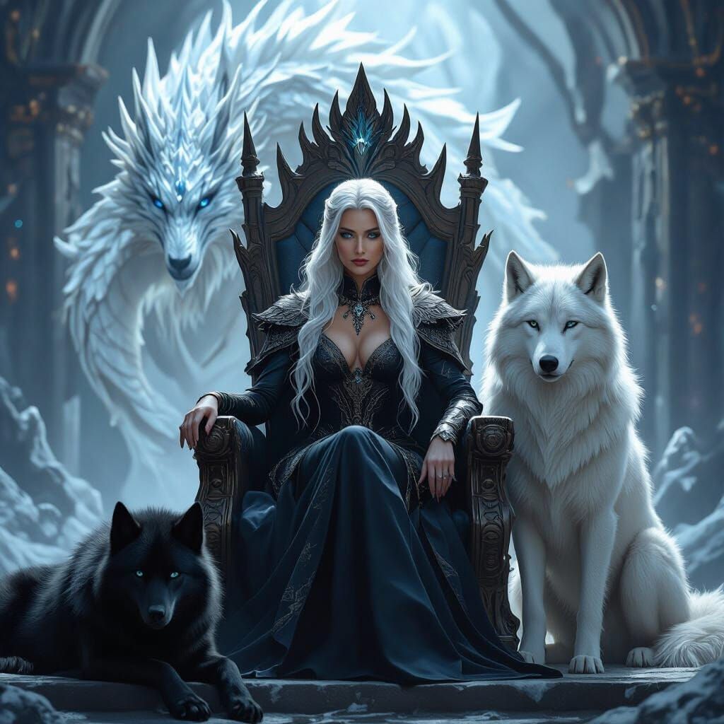 Regal Woman with Dire Wolves and Ice Dragon
