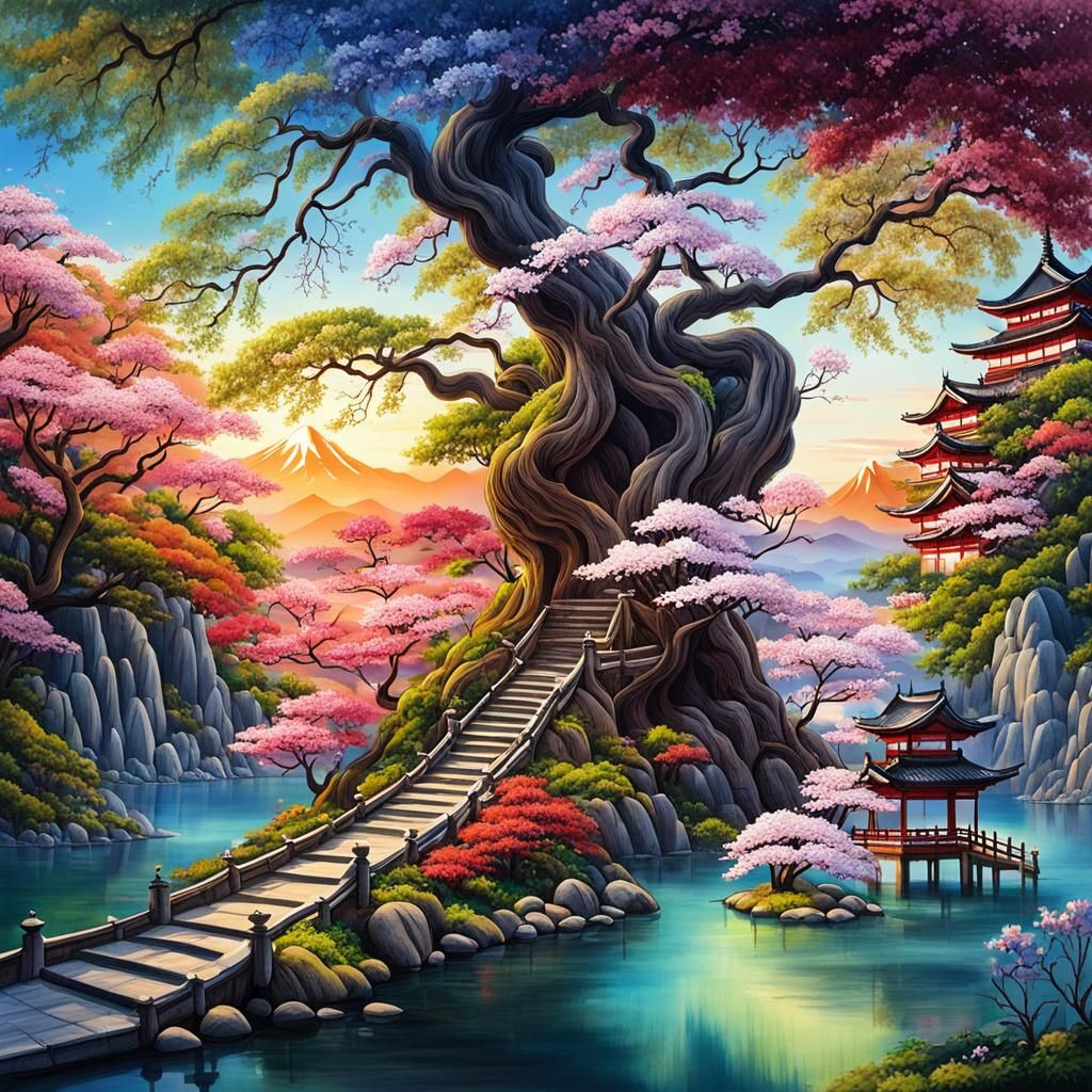 Sakura Tree and Temples in Childlike Drawing