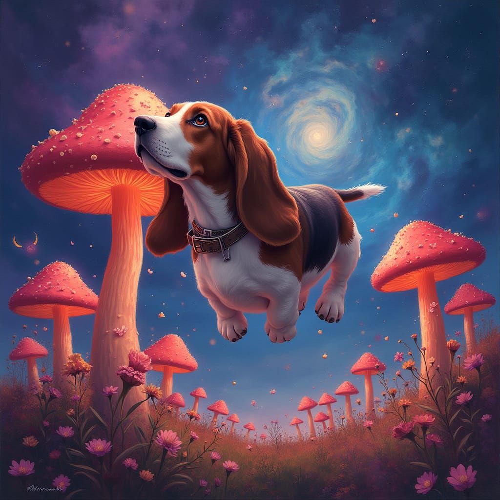 Psychedelic Basset Hound Floats Among Glowing Mushrooms