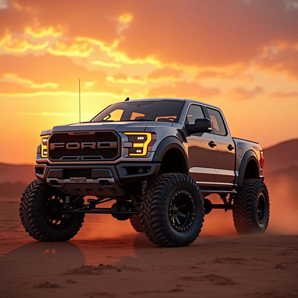 Rugged Truck on Desert Road at Sunset