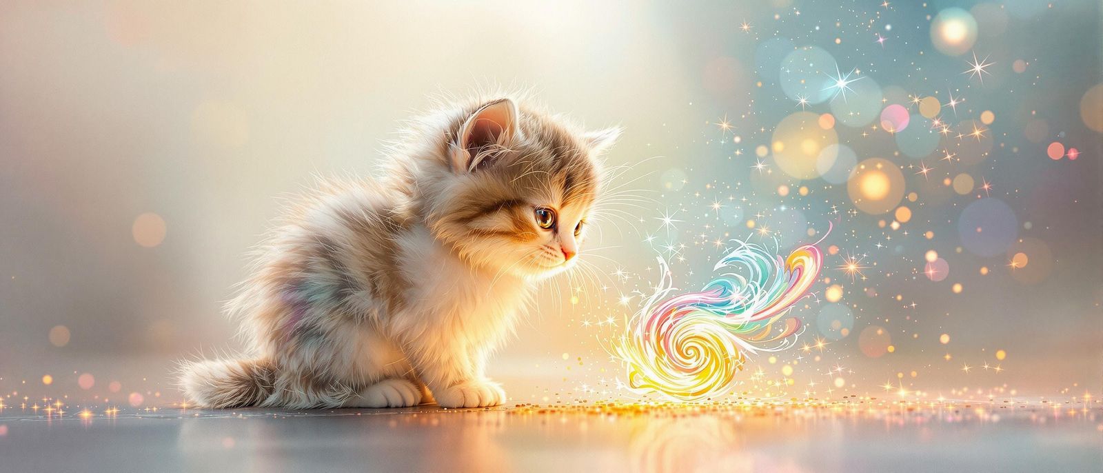 Kitten Plays with Rainbow Fire in Dreamlike Digital Painting