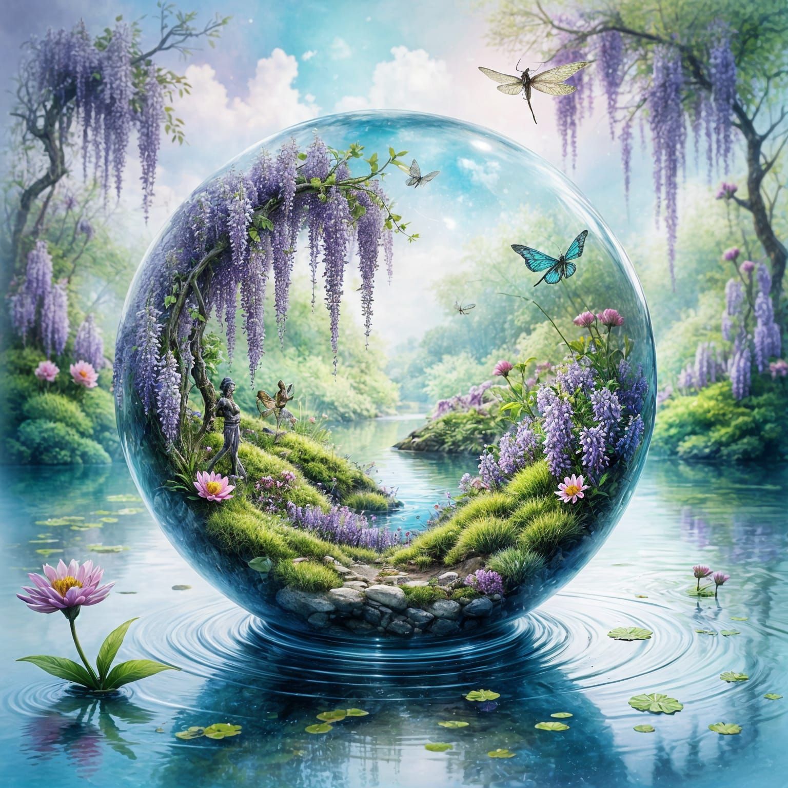 Whimsical Glass Orb Springtime Scene