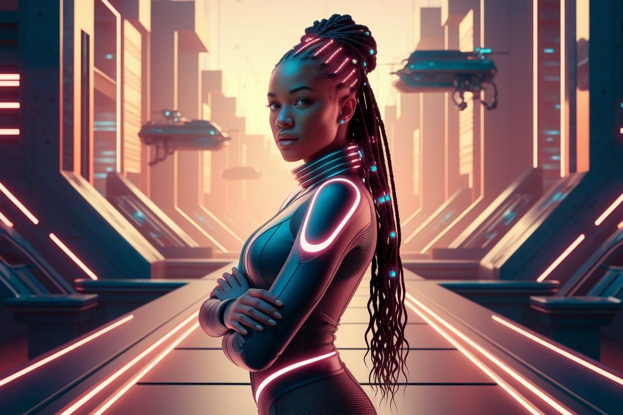 Afrofuturist Goddess Embracing Modernity with Wonder