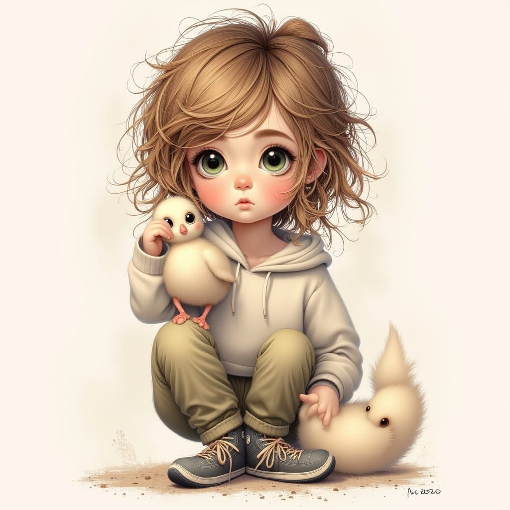 Young Girl Holds Goose in Sketchy Chalk Art Style
