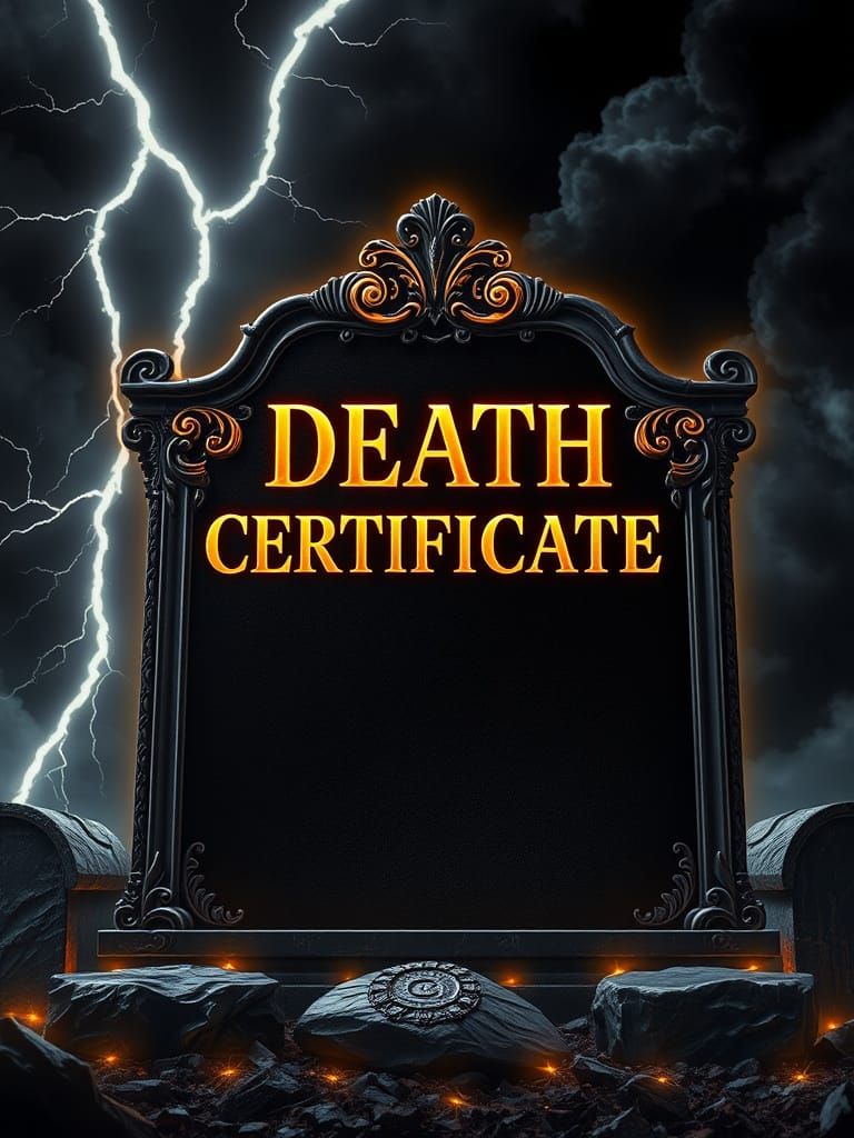 Neon Lit Tombstone with Death Certificate