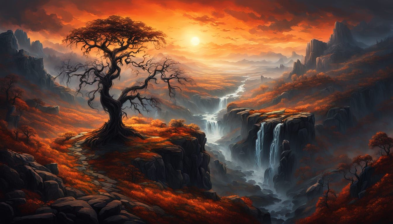 Dark Fantasy Highland Dell with Sunset Waterfall