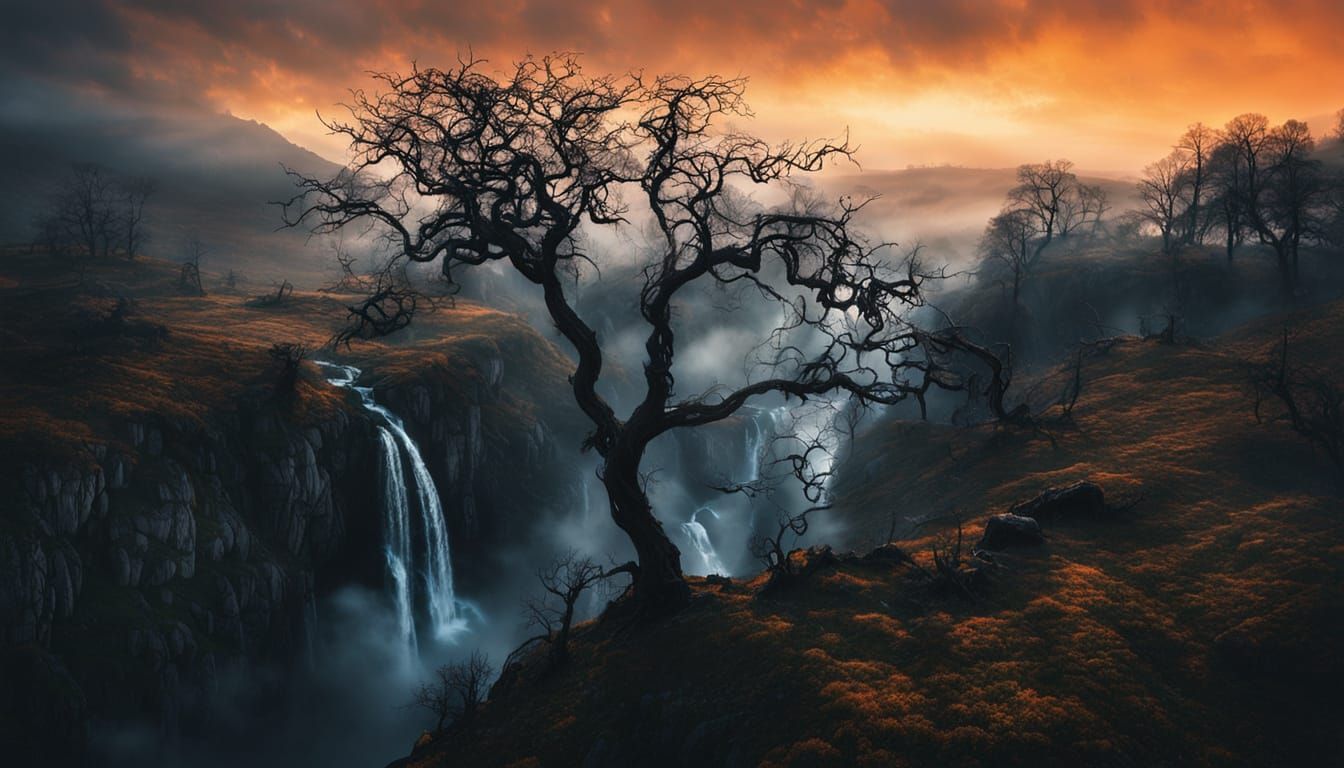 Gothic Highland Dell with Waterfall at Sunset