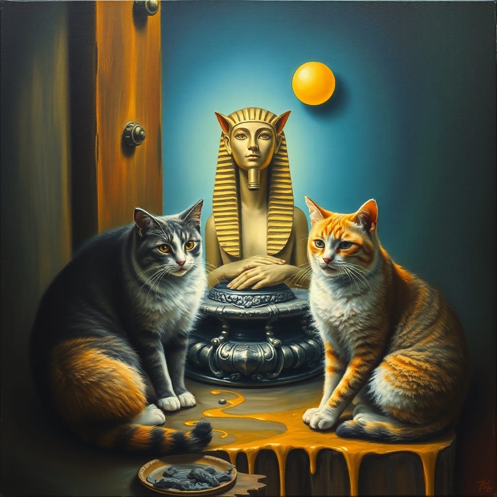 Surreal Cats Guarding Idol: A Dali-esque Scene