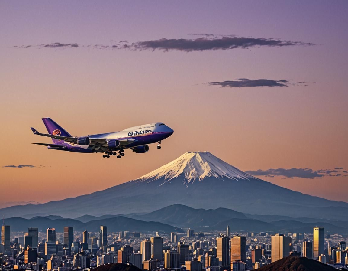 Boeing 747 Descends Towards Mount Fuji at Sunset