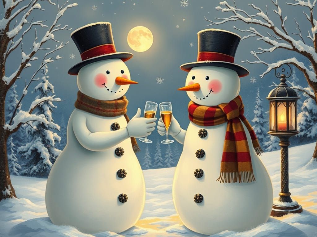 Snowmen in Top Hats Raise Champagne in Whimsical Winter Scen...