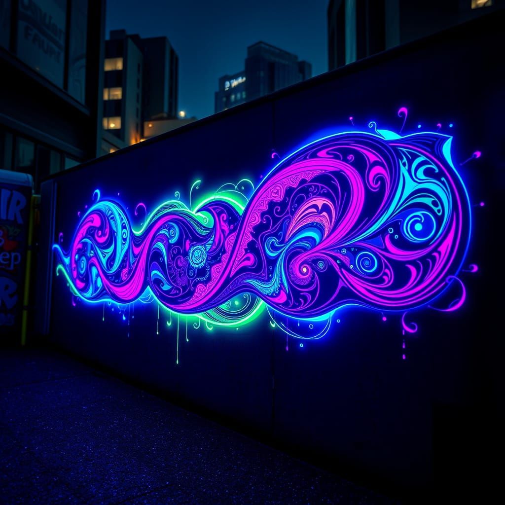 Vibrant Neon Graffiti Wave Art at Night