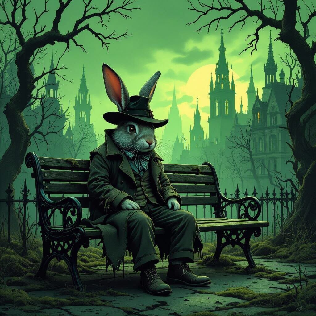 Melancholic Rabbit in Decaying Gothic City