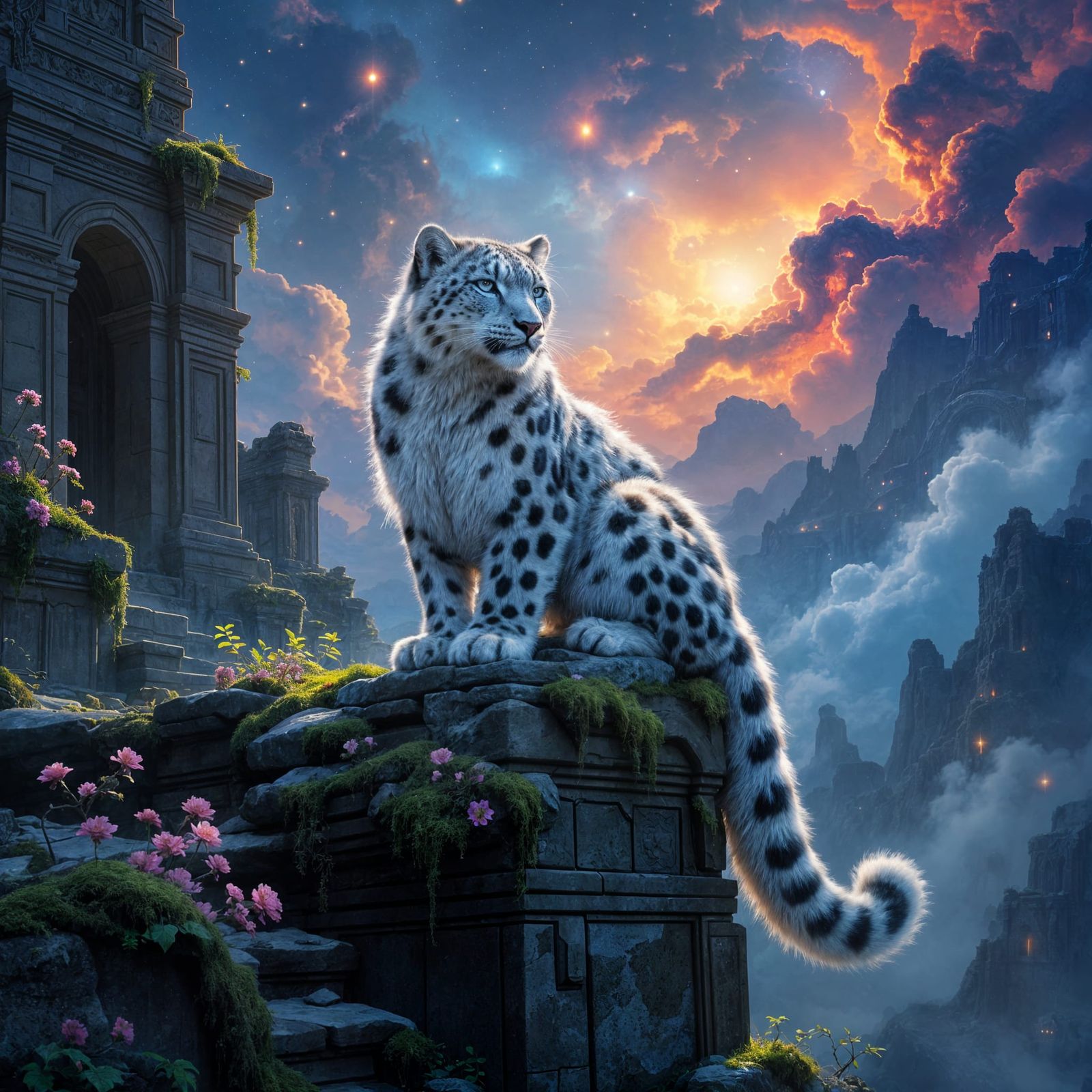 Snow Leopard in Forgotten City Ruins