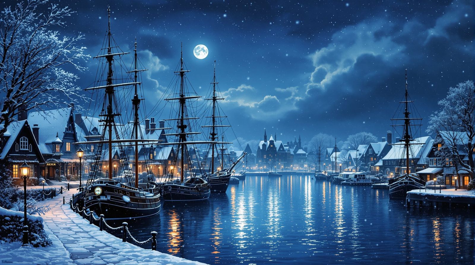 Mystical Winter Harbor Under Platinum Moon