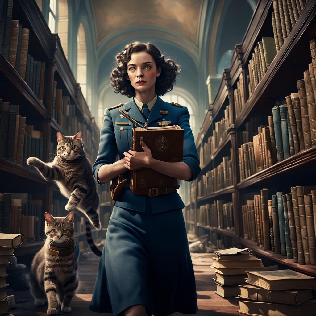 WWII Soldiers Raiding Library, Woman Saving Books