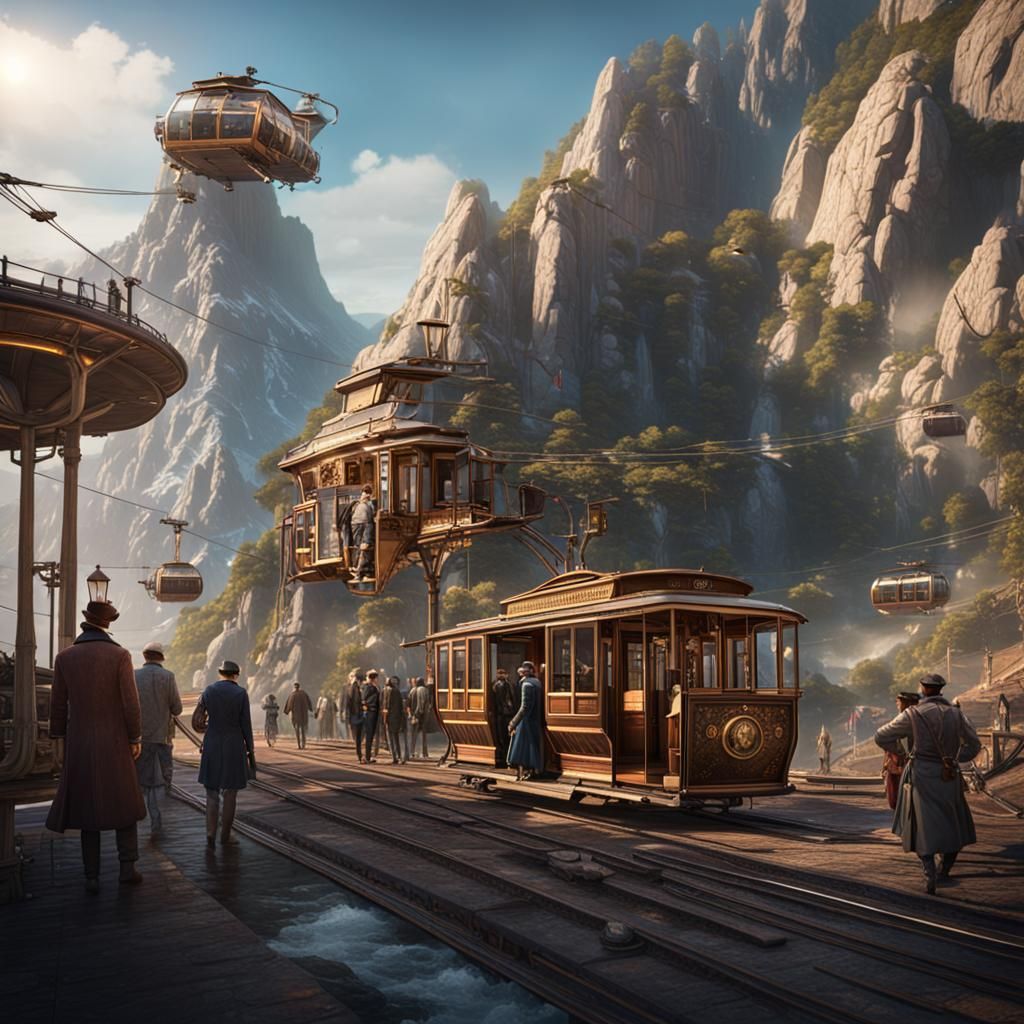 Steampunk Cable Car Terminal Matte Painting