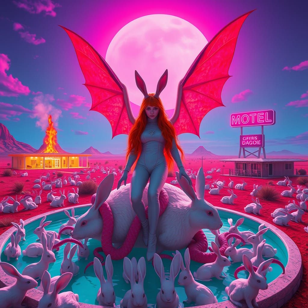 Gothic Goddess with Rabbit Ears in Surreal Landscape