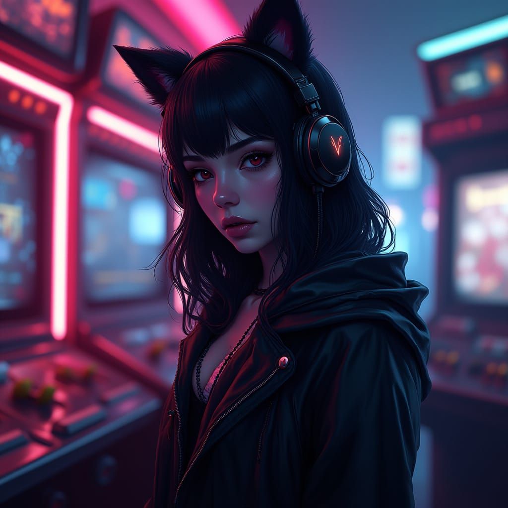 Cyberpunk Vampire Wolf Girl in Neon Arcade