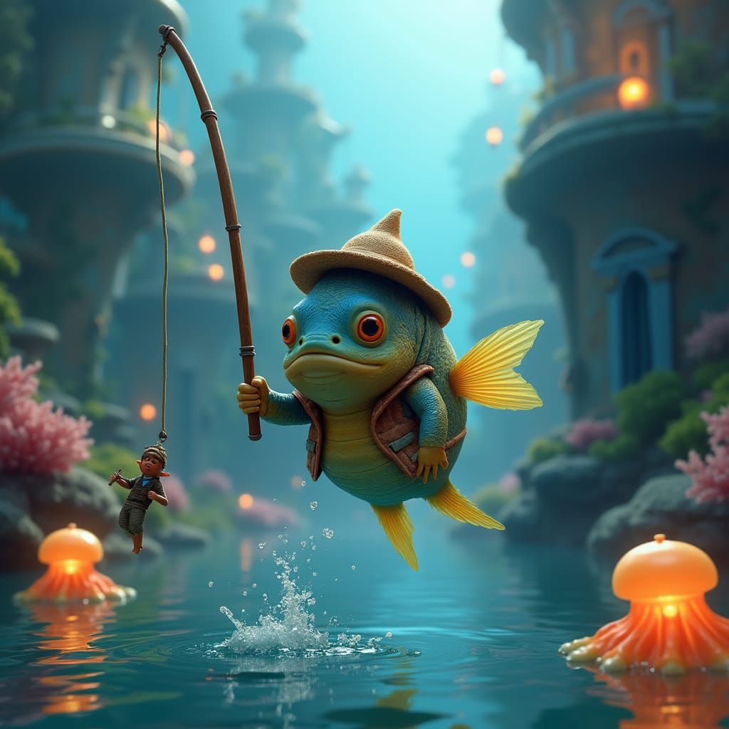 Fish Fishing for People in Mystical Underwater Cityscape