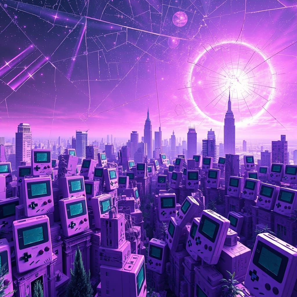 Purple Gameboys in Infinite Mirror with Cracked Cosmic Sky