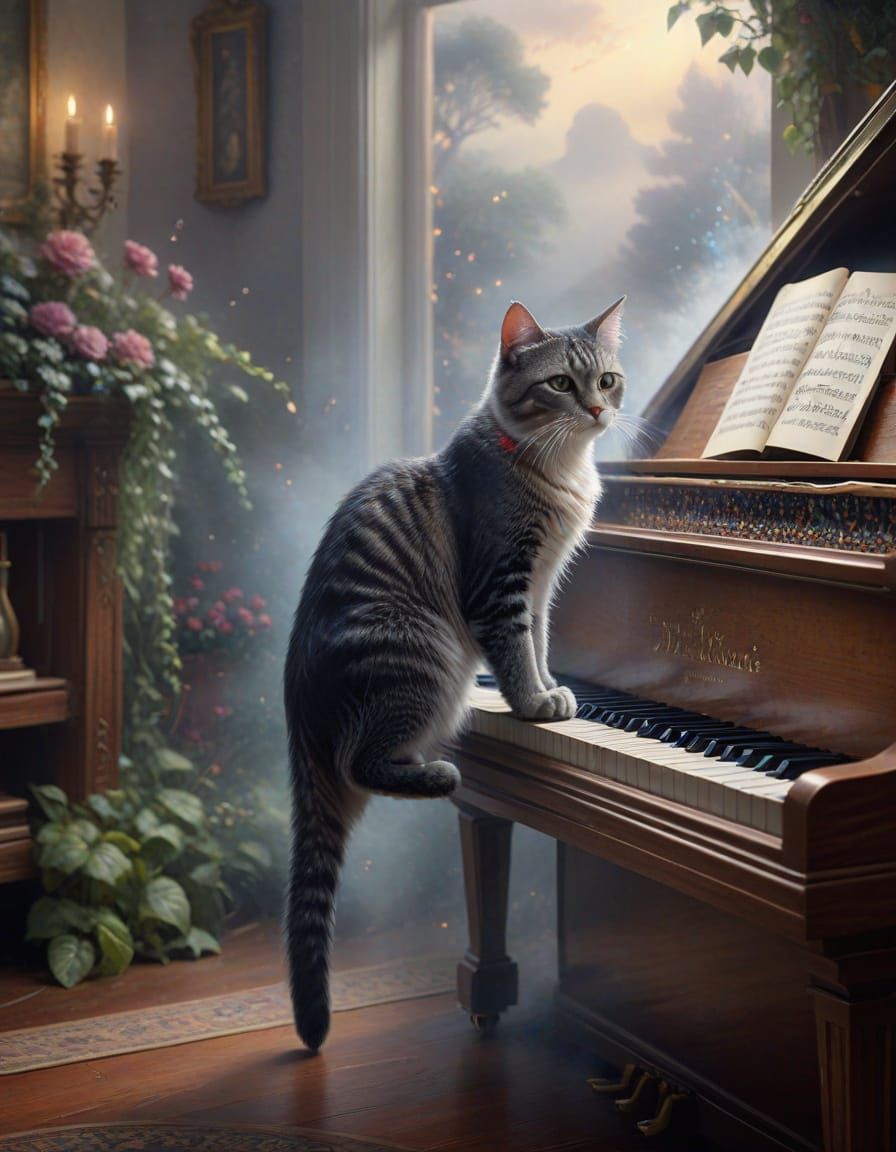 Cat on Piano in Ethereal Fantasy Mist