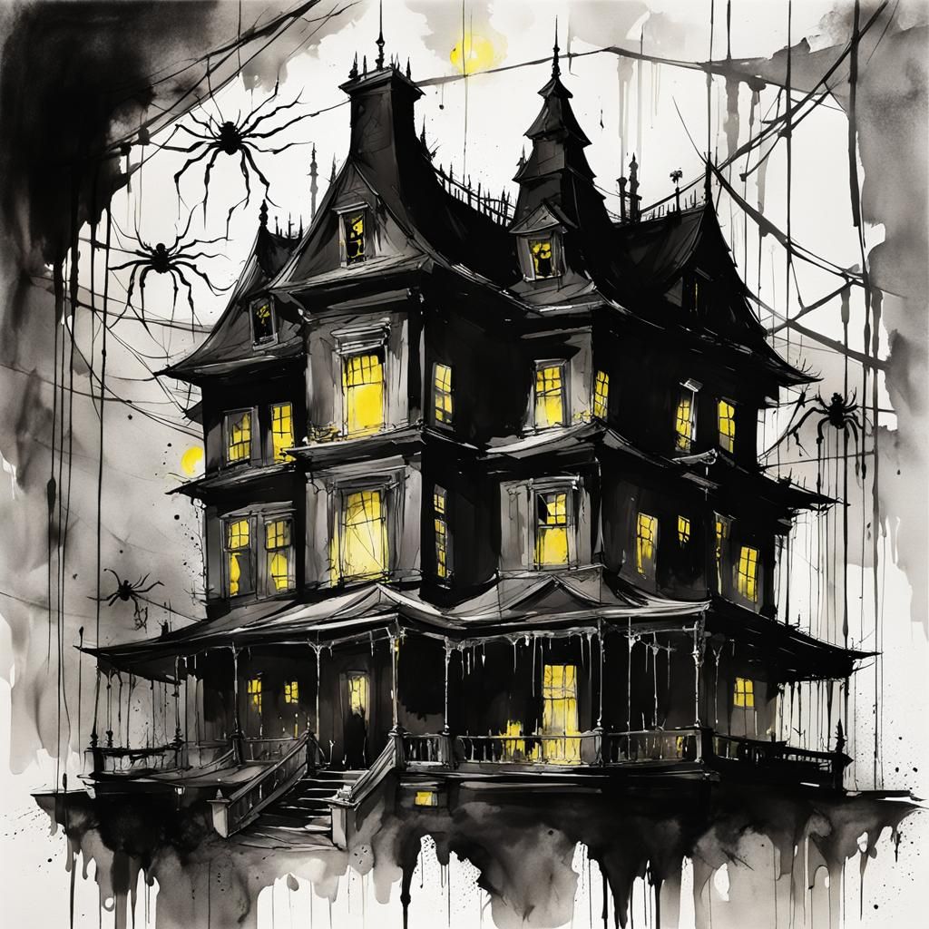 Monochrome Ink Painting of a Haunted House