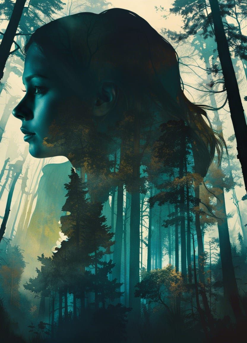 Silhouette Portrait with Forest, Double Exposure Style