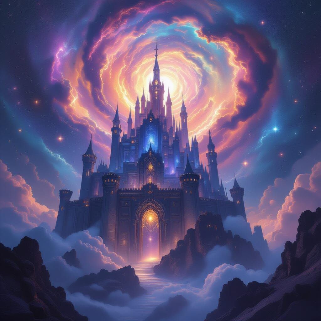 Cosmic Castle Carved From Nebula in Digital Painting Style