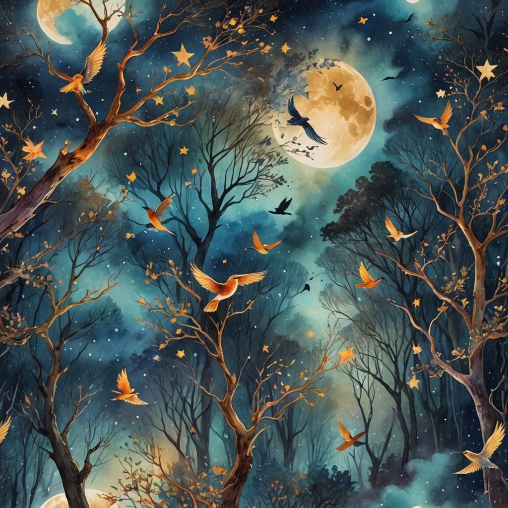 Fantasy Forest at Night in Watercolor Style