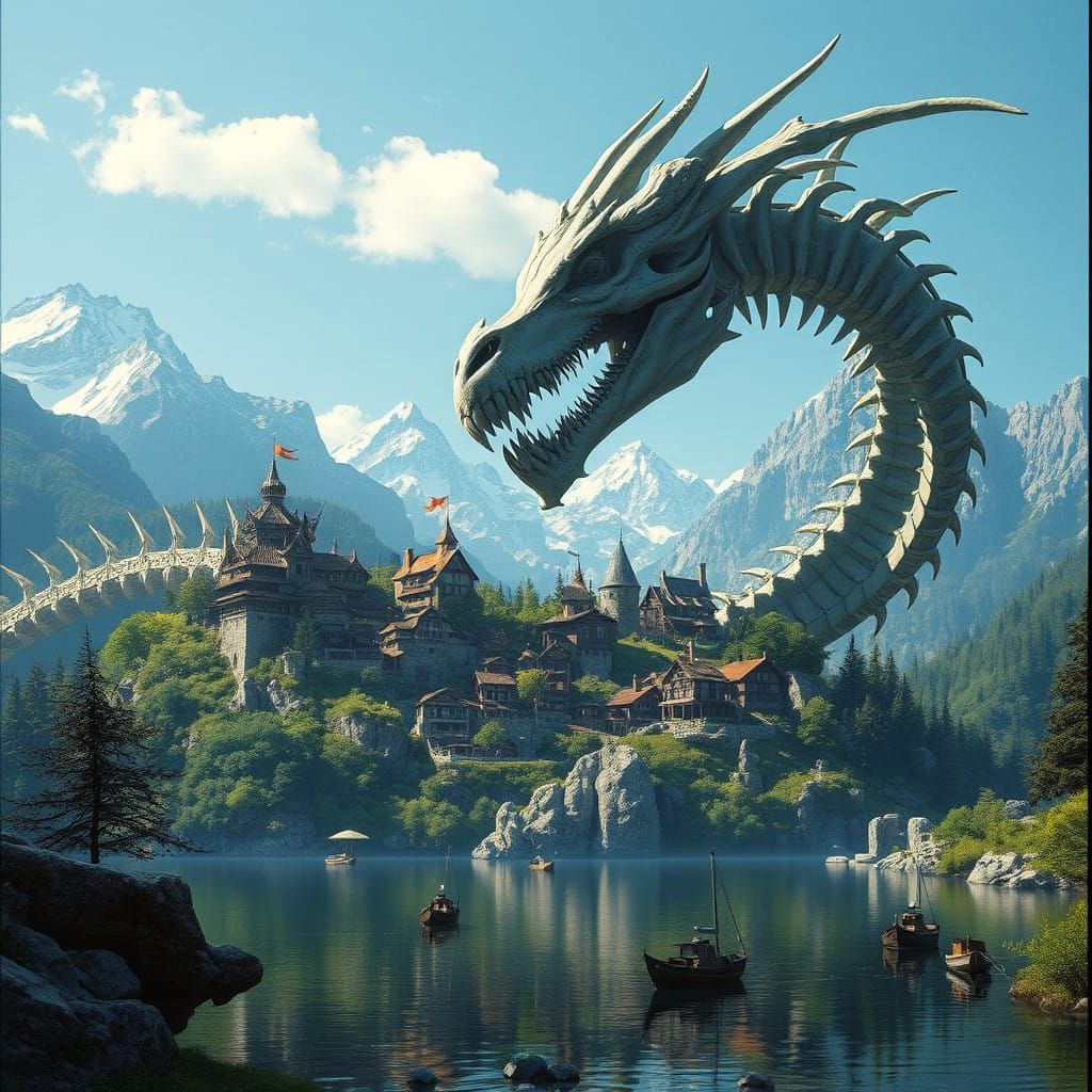Fantastical Village Amidst a Giant Dragon's Skeleton