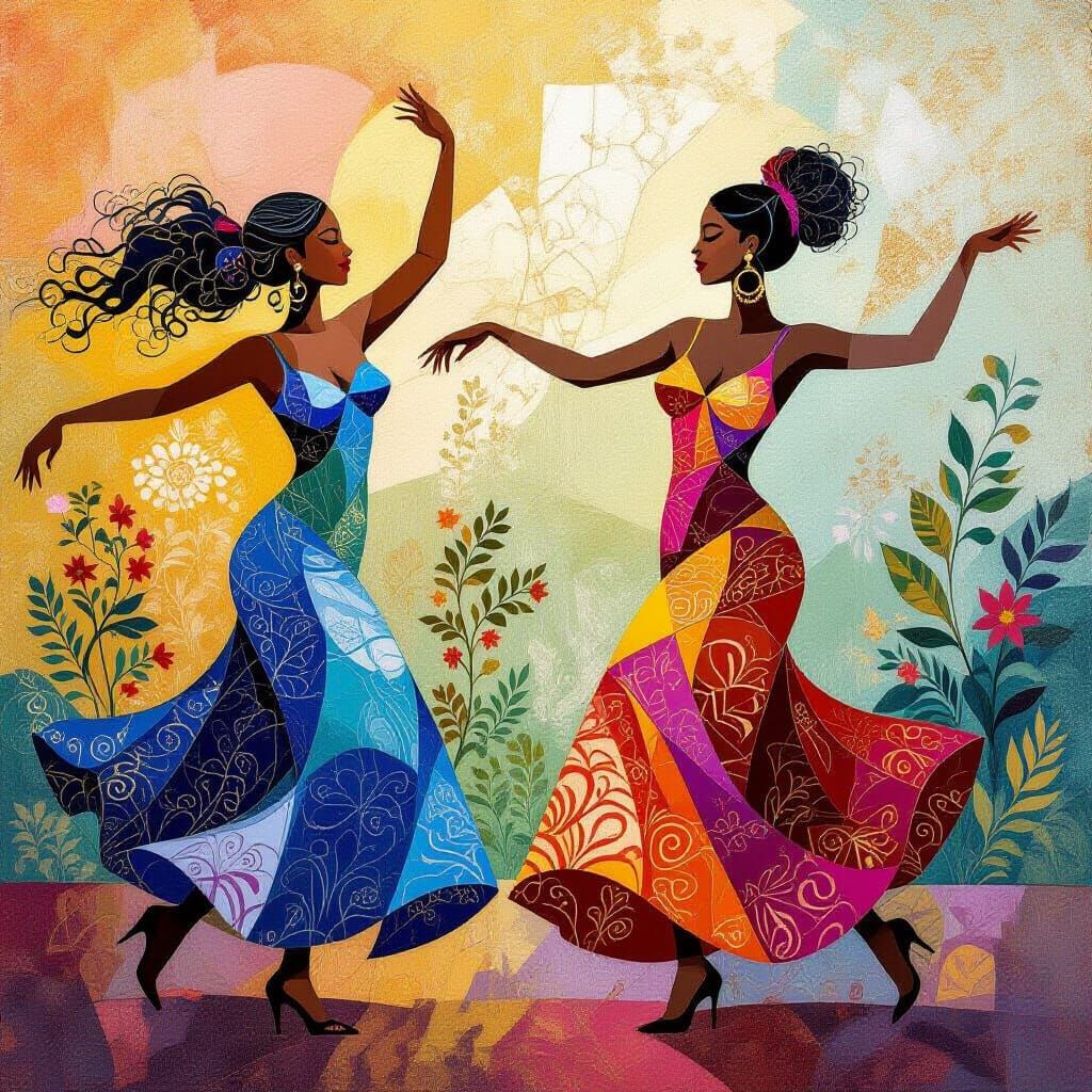 abstract human figures dancing. Dynamic, gestural brushstrok...