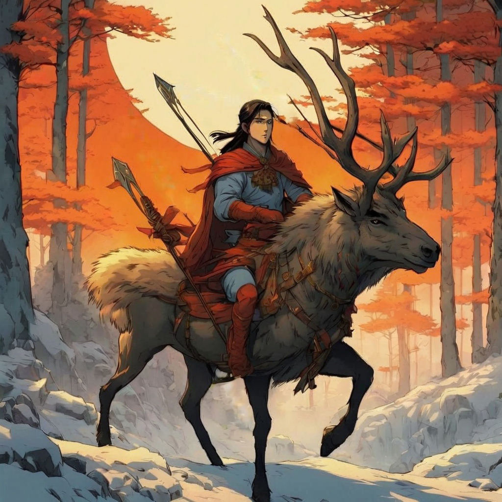 Epic Japanese Warrior Rides Red Elk in Ancient Forest
