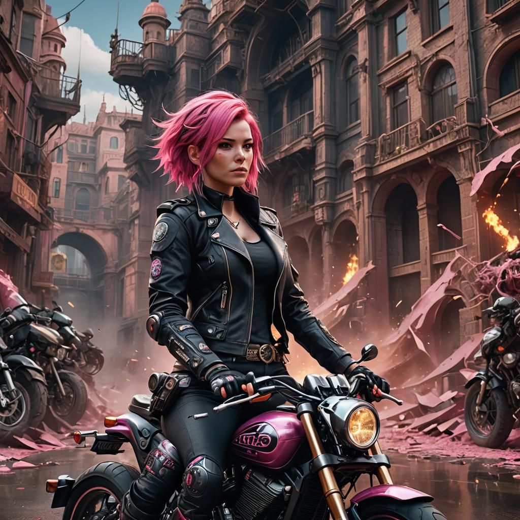 Biker chick with long pink hair