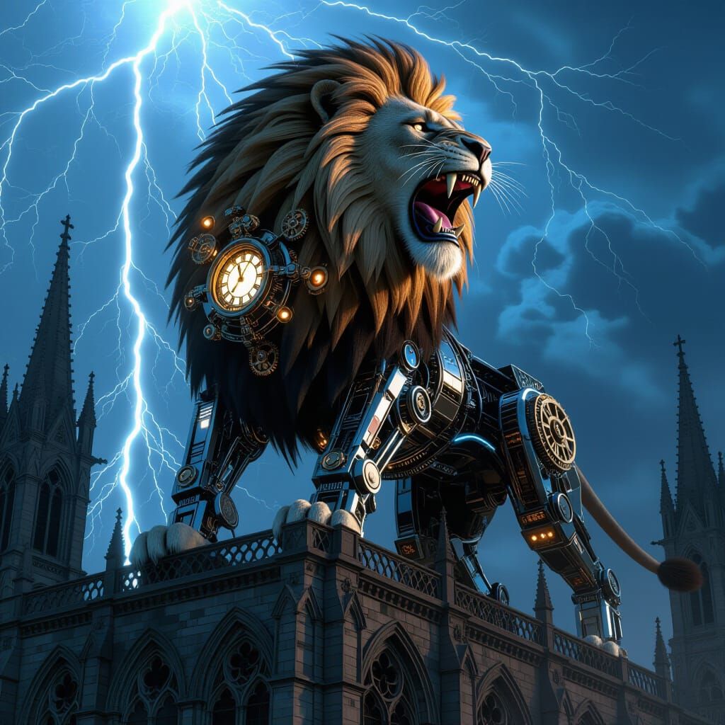 Biomechanical Lion Roars Atop Gothic Cathedral