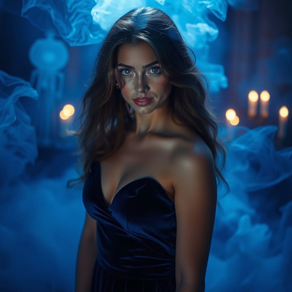 Woman in Blue Velvet Surrounded by Magic