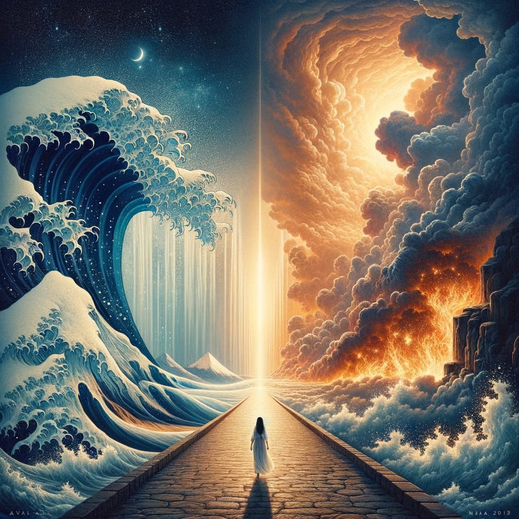 Woman Walks Between Fire and Ocean in Ukiyo-e Style