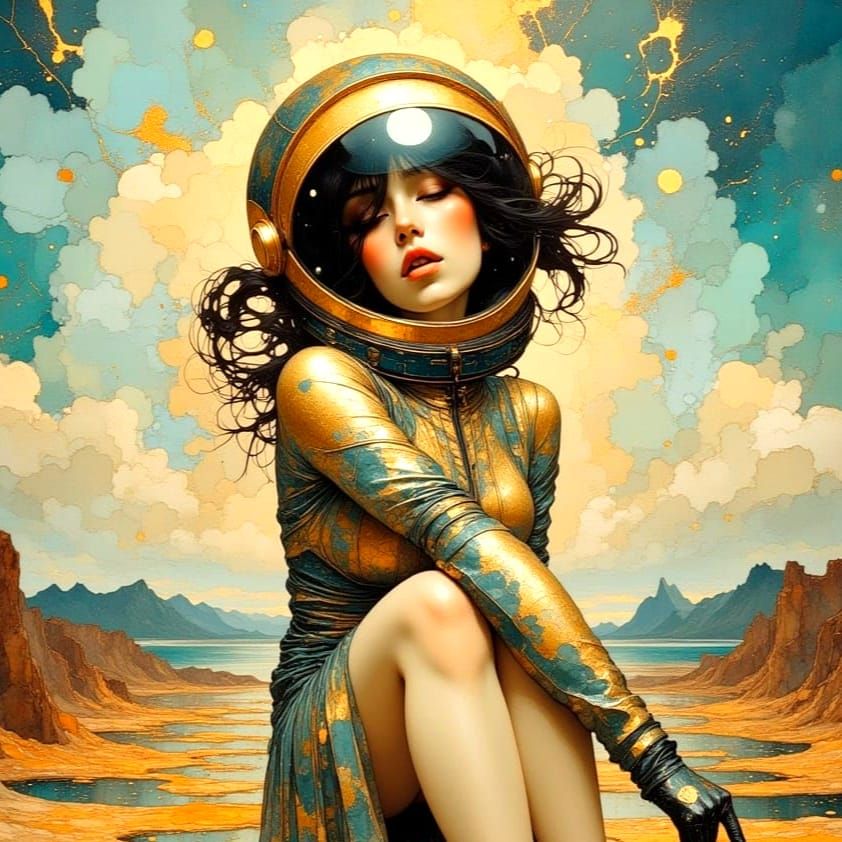 Retro-Futuristic Woman in Alien Landscape as Oil Painting