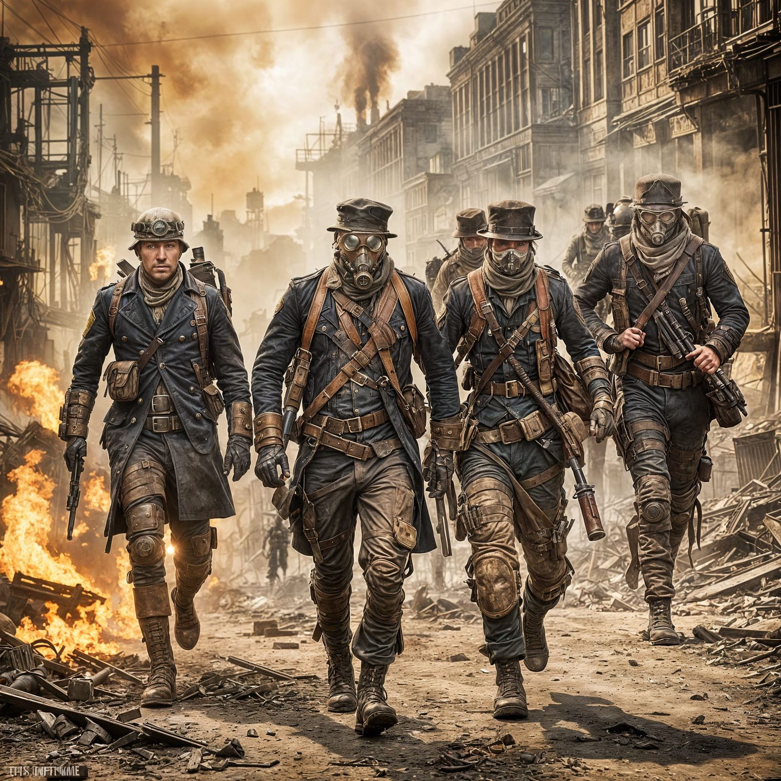 Steampunk Soldiers in Burning Post-Apocalyptic City