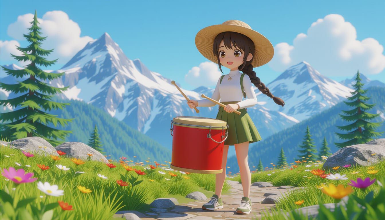 Cartoon Girl Drumming on Mountain Path in Anime Style
