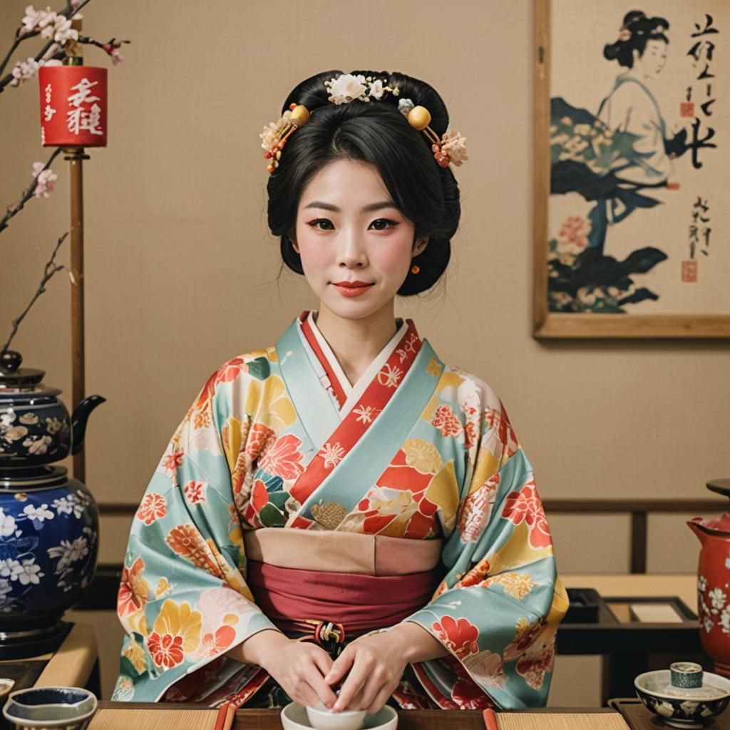 Japanese Woman in Kimono at Tea Ceremony