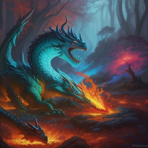 Dragon Breaths Fire in Mystical Forest Oil Painting